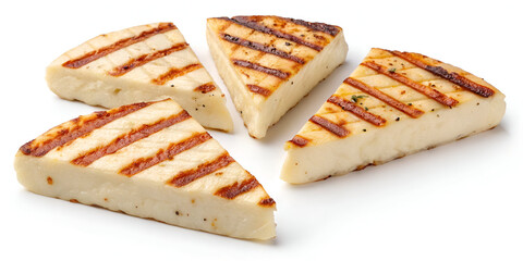 Three grilled slices of halloumi cheese isolated on white in perspective. With grill marks.