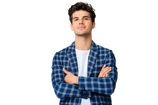 Turned photo of charming guy cross his hands wear checkered blue blazer jacket isolated over white background