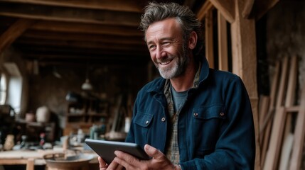 Happy mature craftsman using tablet in wooden workshop