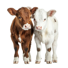 Baby cows stand together in a calm farm setting during daylight hours, Calm Companions Baby Cows Stand Together in a Farmyard ting.