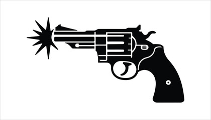 Revolver Gun Silhouette Vector. Handgun Firearm with Muzzle Flash. Shooting Weapon Illustration Icon