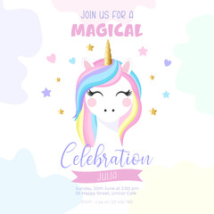Cute unicorn birthday invitation template. Vector design with pastel colors, perfect for magical kids' party, baby shower or celebration. Editable and ideal for print or digital use. © Iryna Prokopovych 