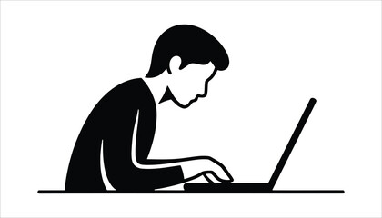 Silhouette of Man Working on Laptop | Freelance Office Worker Icon | Remote Job Posture Vector Illustration
