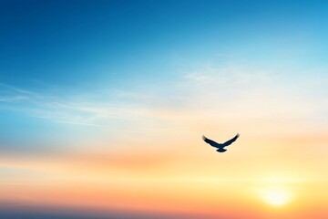 Fototapeta premium Eagle soars gracefully across a stunning gradient sky, wings outstretched and highlighted by soft backlighting, showcasing intricate feather details