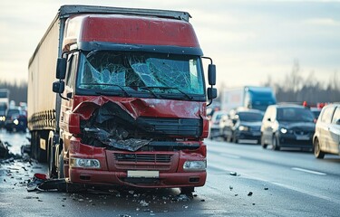 Major truck accident causes traffic jam on highway during late afternoon