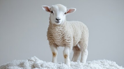 Fototapeta premium Auspicious_lamb_standing_regally_on_a_cloud_of_cotton_evoking_feelings_of_serenity_and_peacefulness_in_a_soft_studio_shot