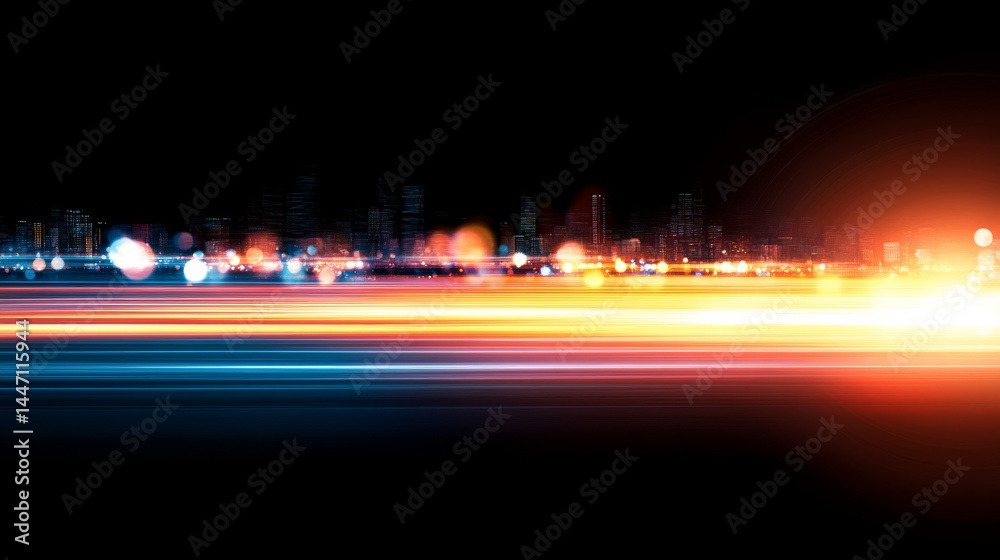 Poster A single blue light ray moves horizontally against a dark backdrop, creating motion blur effects and ample space for text or graphics on the right side