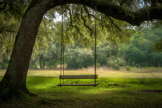 A wooden swing hangs from a large tree branch in a grassy field on a sunny day in the countryside