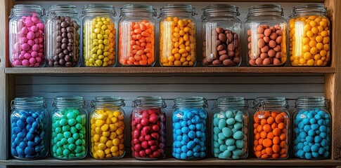 Colorful jars filled with assorted candies on wooden shelf create a vibrant display in a cheerful candy store