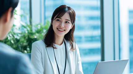オフィスで働く自信に満ちた笑顔の女性 打ち合わせ Generative AI