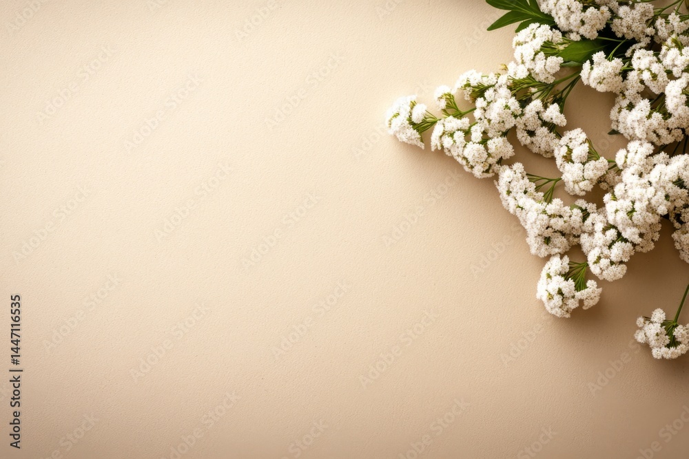 Fototapete close-up of small white yarrow flowers arranged to form a letter y on a neutral textured background,