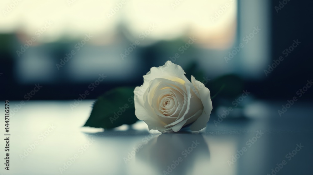 Aufkleber A single white rose with delicate petals rests on a clean white surface, creating a serene atmosphere with soft shadows and ample copy space for design use
