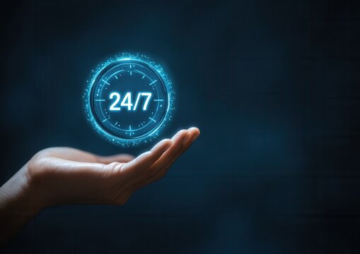 24/7 service icon displayed in hand symbolizing constant availability and support