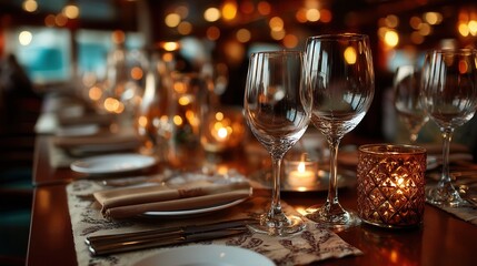 Elegant romantic dinner table setting in upscale restaurant