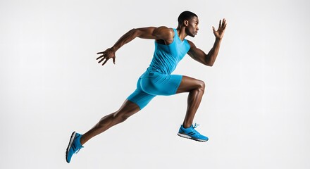 Studio-shot of a lean muscular man in running gear, mid-stride pose