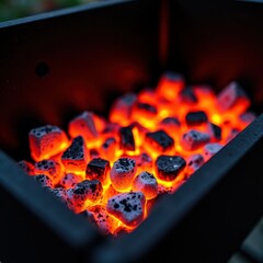 Glowing charcoal embers in a grill, radiating warmth and light. summer bbq