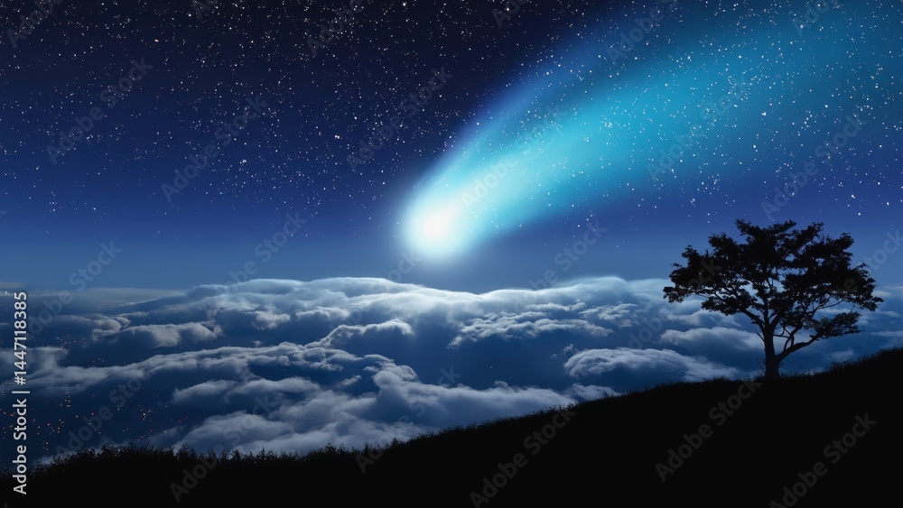 Canvas Prints a comet is shooting through the sky above a tree. the sky is dark and cloudy, and the comet is the o