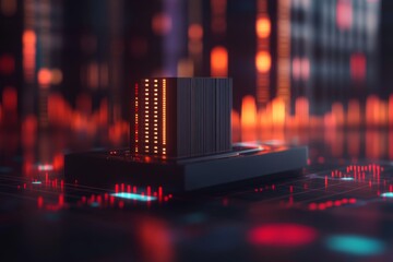 A digital skyscraper model is showcased in a low angle, mirrored over a glossy stock market chart adorned with glowing graphs and numbers indicating economic growth