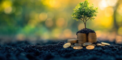 Growth of wealth symbolized by a tree emerging from coins and soil in a serene outdoor setting