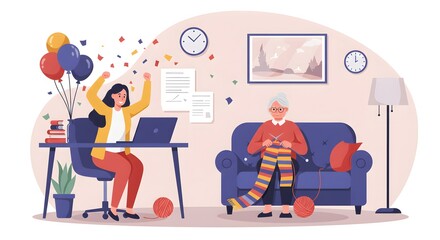 Happy woman celebrating success while elderly woman knits