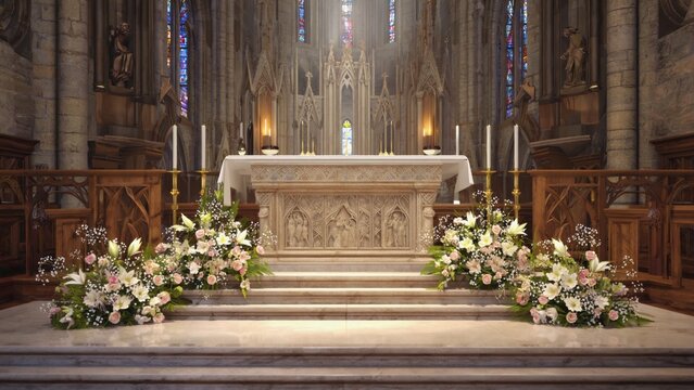 A church with a white altar and a beautiful arrangement of flowers. The flowers are pink and white and are placed on the steps leading up to the altar. Concept of serenity and reverence