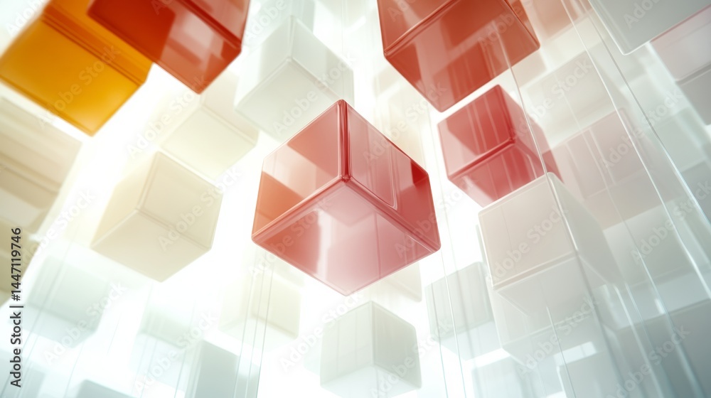 Poster Mesmerizing art installation features a single multicolored transparent cube hanging from the ceiling, casting vivid light patterns on white walls during gallery hours