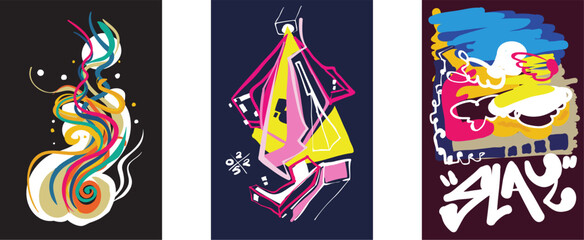 Set of graffiti poster. Street art with splashes of paint  inscriptions and space for text. Design elements for covers and wall decorations.