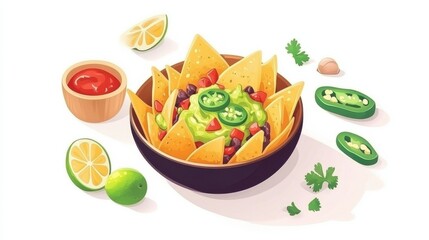 Bowl of Nachos Topped with Cheese and Jalapenos on White Background