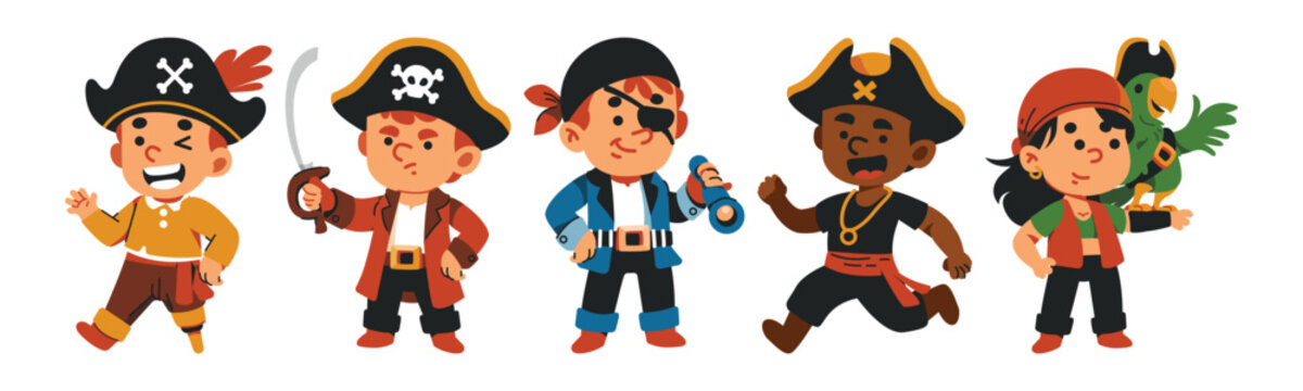 A playful cartoon illustration of diverse pirate characters. Perfect for children's books, adventure themes, or seafaring designs.