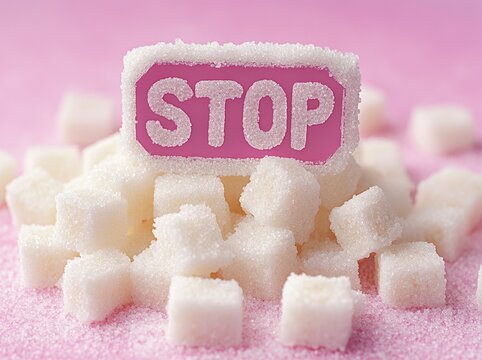 Piles of sugar cubes surrounding a pink stop sign indicating moderation in sugar consumption