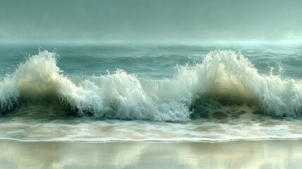 Fototapeta premium Coastal waves crashing on a misty beach