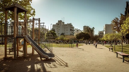 Urban Playground Scene in Clear Daylight with Sunlight and Activity