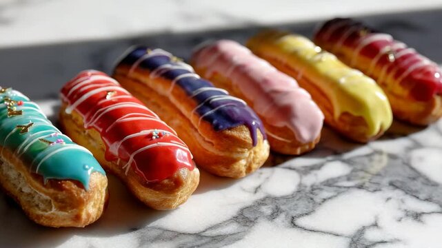 A stunning display of colorful &eacute;clairs with glossy icing, arranged artfully on a marble surface, capturing the essence of gourmet dessert artistry and indulgence.
