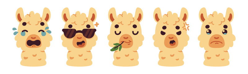 Collection of cartoon llama expressions showcasing a range of emotions, from happiness and coolness to sadness and anger. This whimsical set is perfect for adding a touch of humor to any project.
