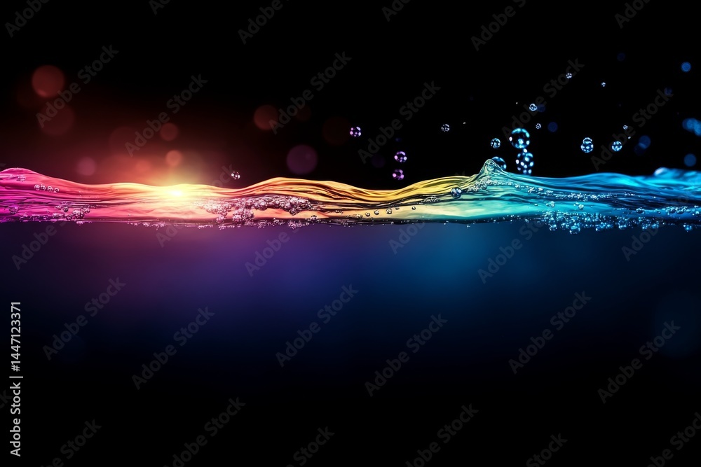 Poster tiny air bubbles gracefully rise through crystal-clear water, creating a mesmerizing rainbow effect 