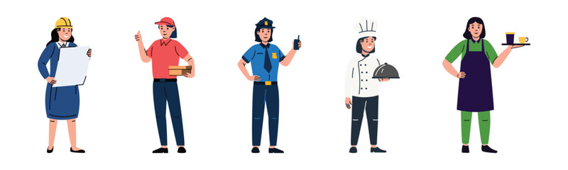 Illustrations of women in various professions, demonstrating diversity in the workforce. They are shown in their respective uniforms representing different fields.