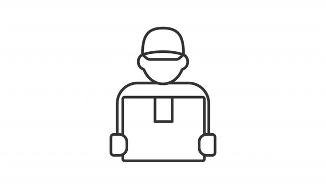 Courier line animation. Delivery man animated icon. Shaking head. Moving hands, box. Shipping service, distribution. Outline element on white background. HD video with alpha channel