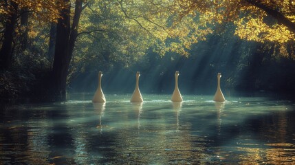 Surreal reflections in serene waters creating an ethereal forest landscape with musical instruments bathed in diffused sunlight mystery and tranquility
