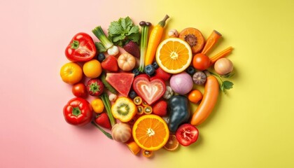 Colorful flat lay of healthy food icons forming a heart shape , vegetables, wholesome
