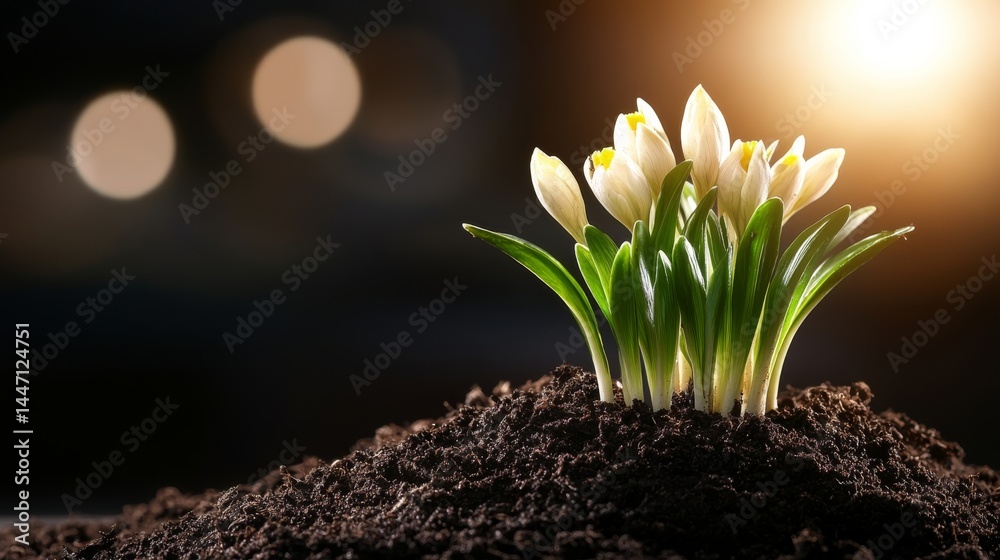 Poster green sprouts break through dark soil, illuminated by soft sunlight, showcasing new life and growth 