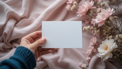Obraz premium Serene Mockup Blank Notecard Held in Hand, Soft Fabric & Delicate Flowers