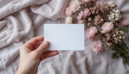 Serene Mockup Blank Notecard Held in Hand, Soft Fabric & Delicate Flowers