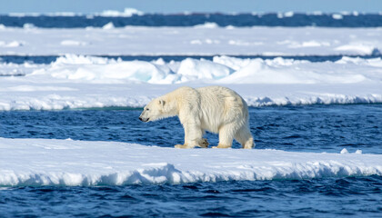 polar bear walks on melting ice in vast ocean landscape, showcasing impact of climate change on its habitat. scene evokes sense of urgency and beauty in nature