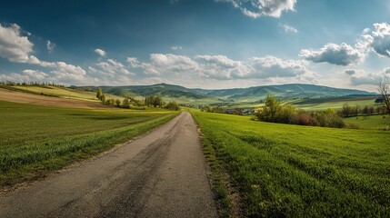 Fototapeta premium Scenic Countryside Road Panorama on a Sunny Spring Day