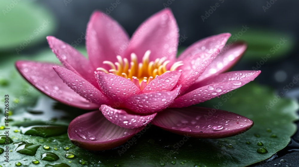 Poster a delicate lotus flower petal rests on a lush green leaf, adorned with dew drops and highlighted by 