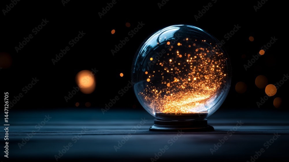 Poster Swirling golden particles suspended in a gentle liquid layer light up with soft highlights, evoking a whimsical and enchanting atmosphere perfect for creative projects