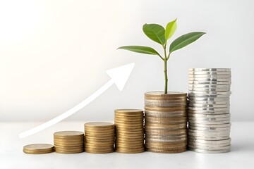 Financial Growth Concept with Coins, Plant, and Upward Arrow on White Background