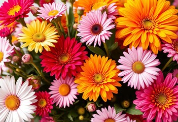 Colorful spring flowers, chrysanthemum and daisy, sale banner template,  white frame,   floral background