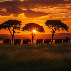 Obraz premium A herd of elephants walking across the savanna with acacia trees silhouetted against the sunset