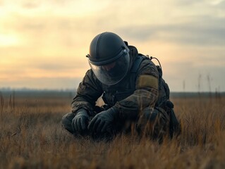 Calm bomb disposal expert working diligently in protective gear at dusk on a tranquil field